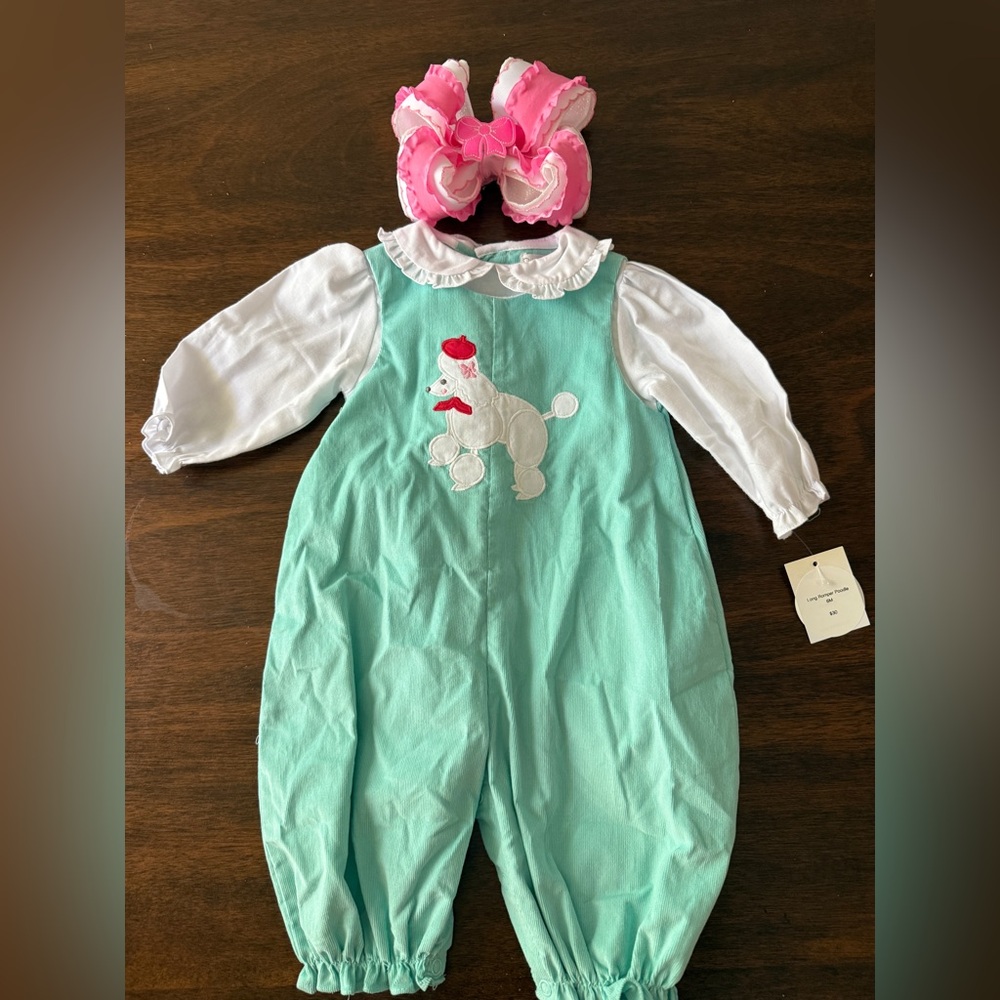 NWT Mint Green Poodle Romper with Handmade Pink Ribbon Bow on Clip